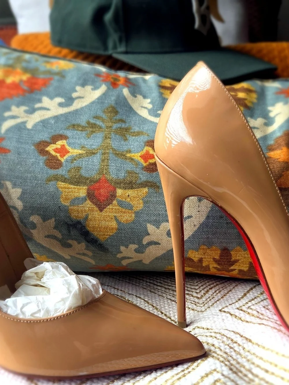 Christian Louboutin Beige Patent Leather Pointed Toe Pumps with Red Soles